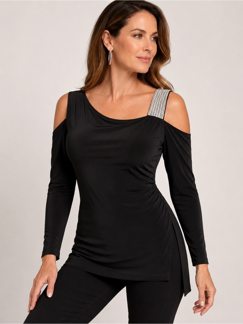 Frank Lyman Design Black Rhinestone Cold Shoulder Long Sleeve Top Size 10